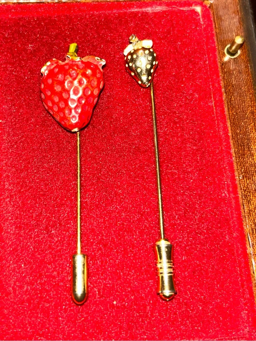 Gold Tone Strawberry & Red Enamel Strawberry Stick Pin Set (Pair) EUC